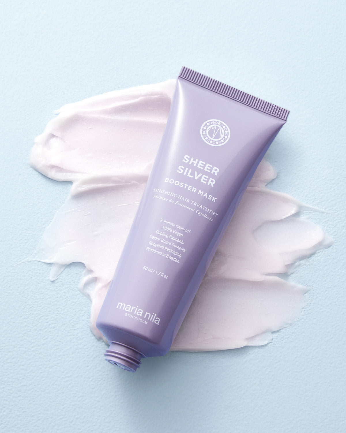 Maria Nila Sheer Silver Booster Masque 25 ml geopend met paarse textuur